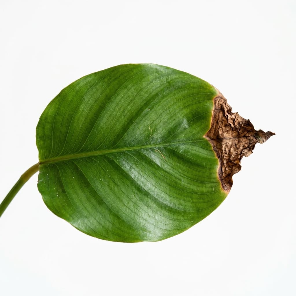 Houseplant leaf with crispy brown tips from low humidity