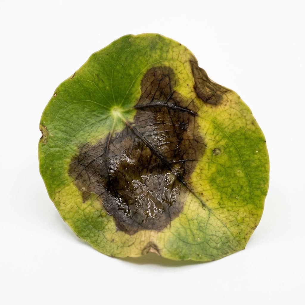 Leaf with dark mushy brown spots from root rot and overwatering