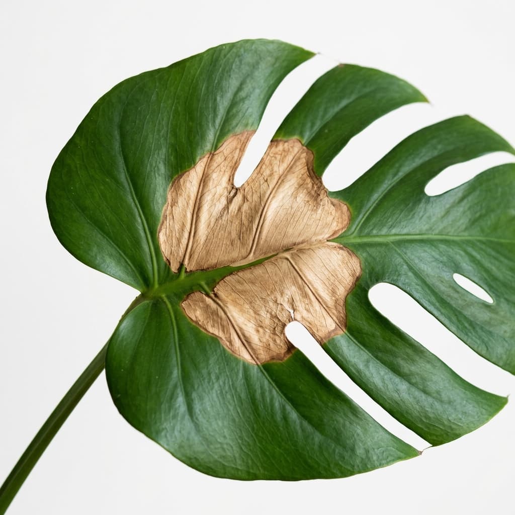 Leaf with bleached brown burn patches from direct sun exposure