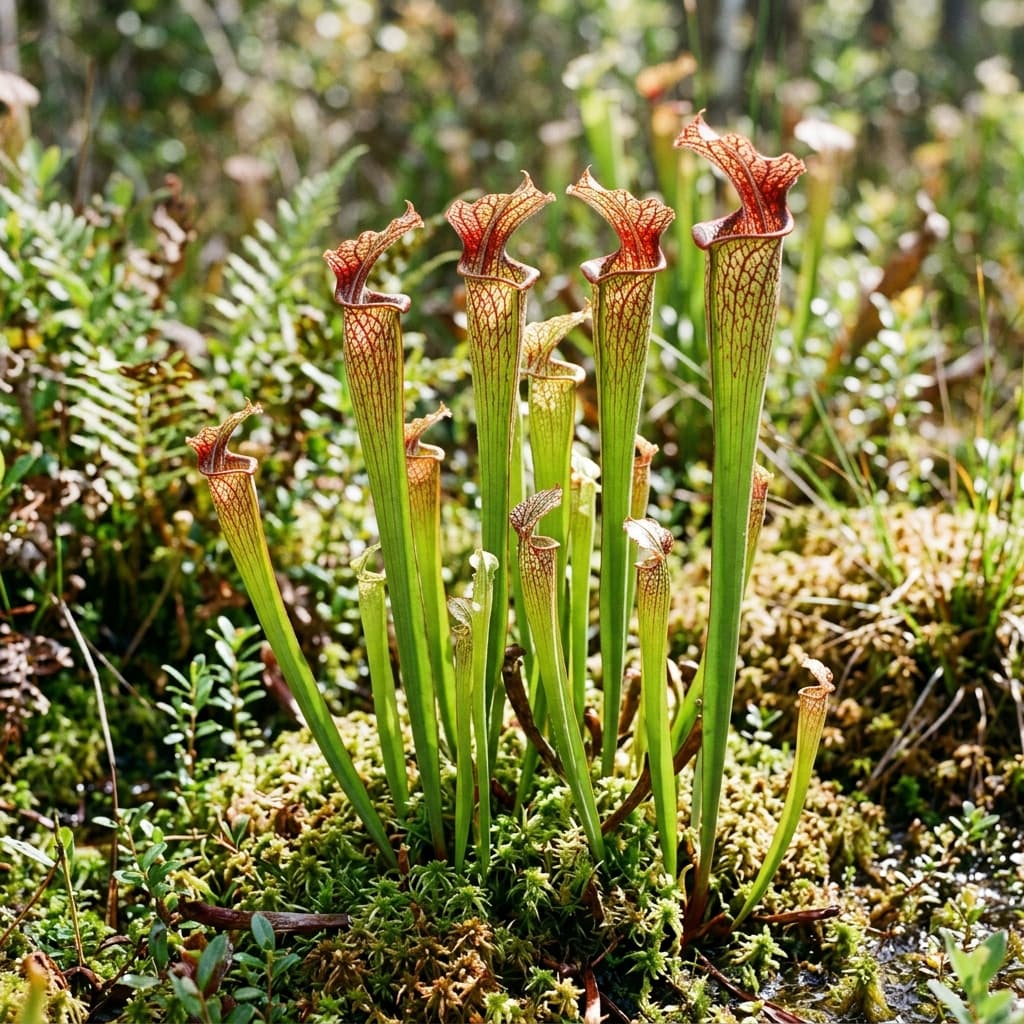 North American pitcher plant (Sarracenia) with tall green and red pitchers growing in a bog setting