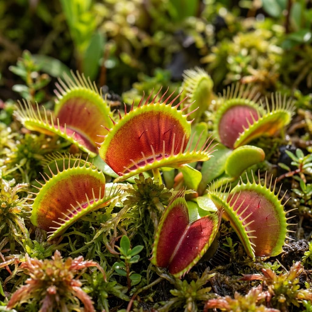 Venus fly trap with several open traps showing red interior and trigger hairs, growing in sphagnum moss