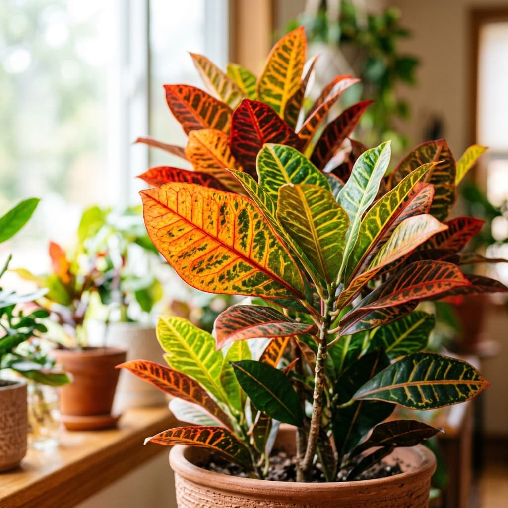 Croton plant with vibrant multicolored leaves in deep red, bright orange, vivid yellow, and green