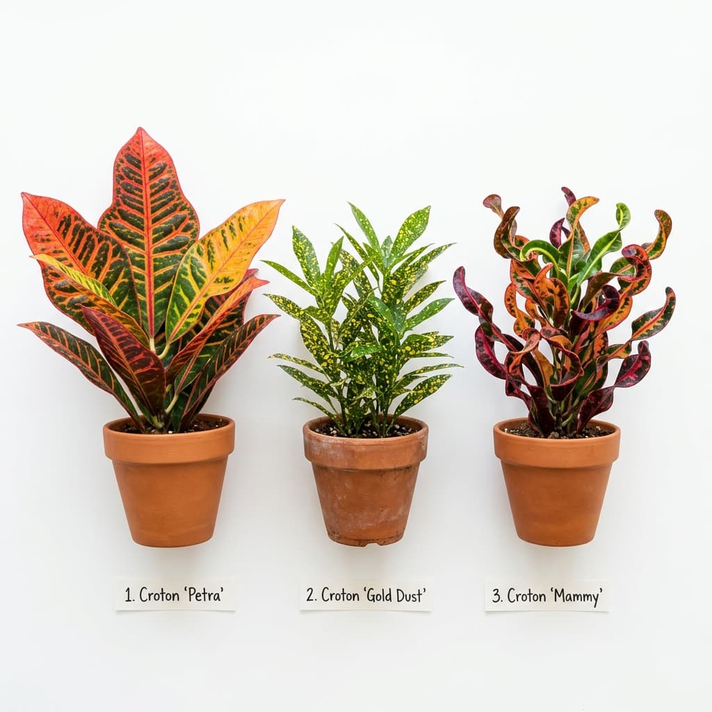 Three croton varieties compared side by side: Petra with large oak-shaped leaves, Gold Dust with gold-speckled leaves, and Mammy with twisted curled leaves