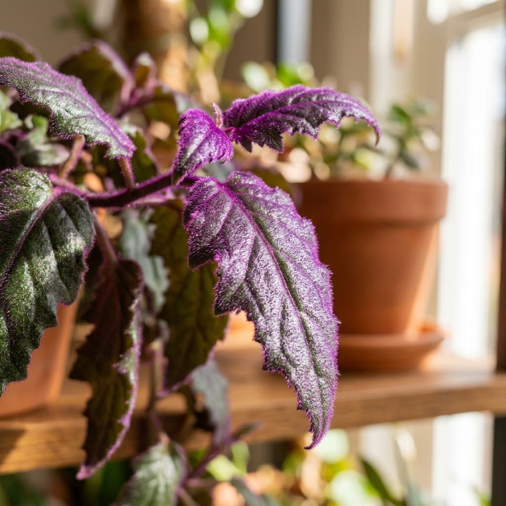 Purple passion plant showing vibrant purple trichomes on velvety leaves in bright indirect light