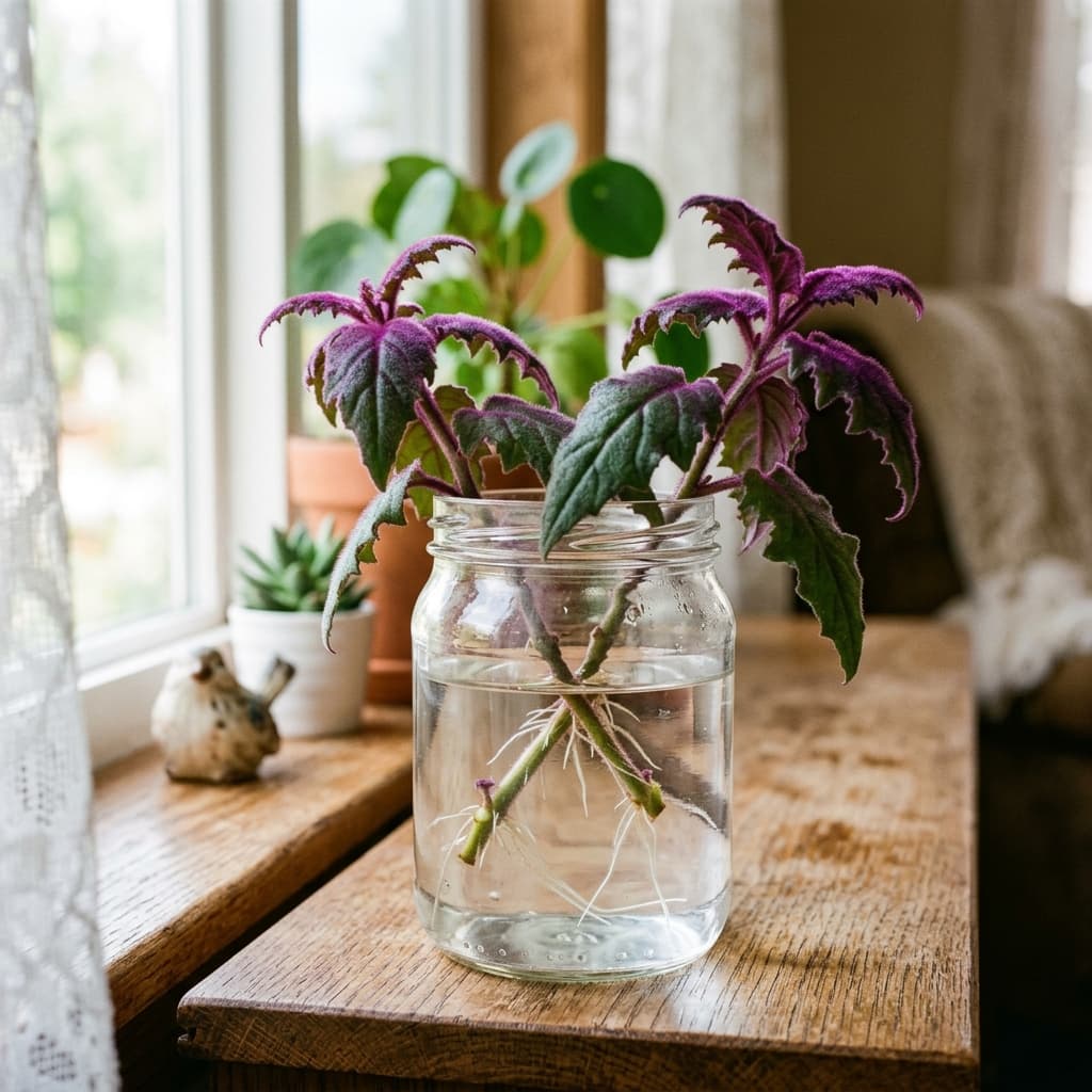 Purple passion plant stem cuttings rooting in a glass jar of water, showing developing white roots