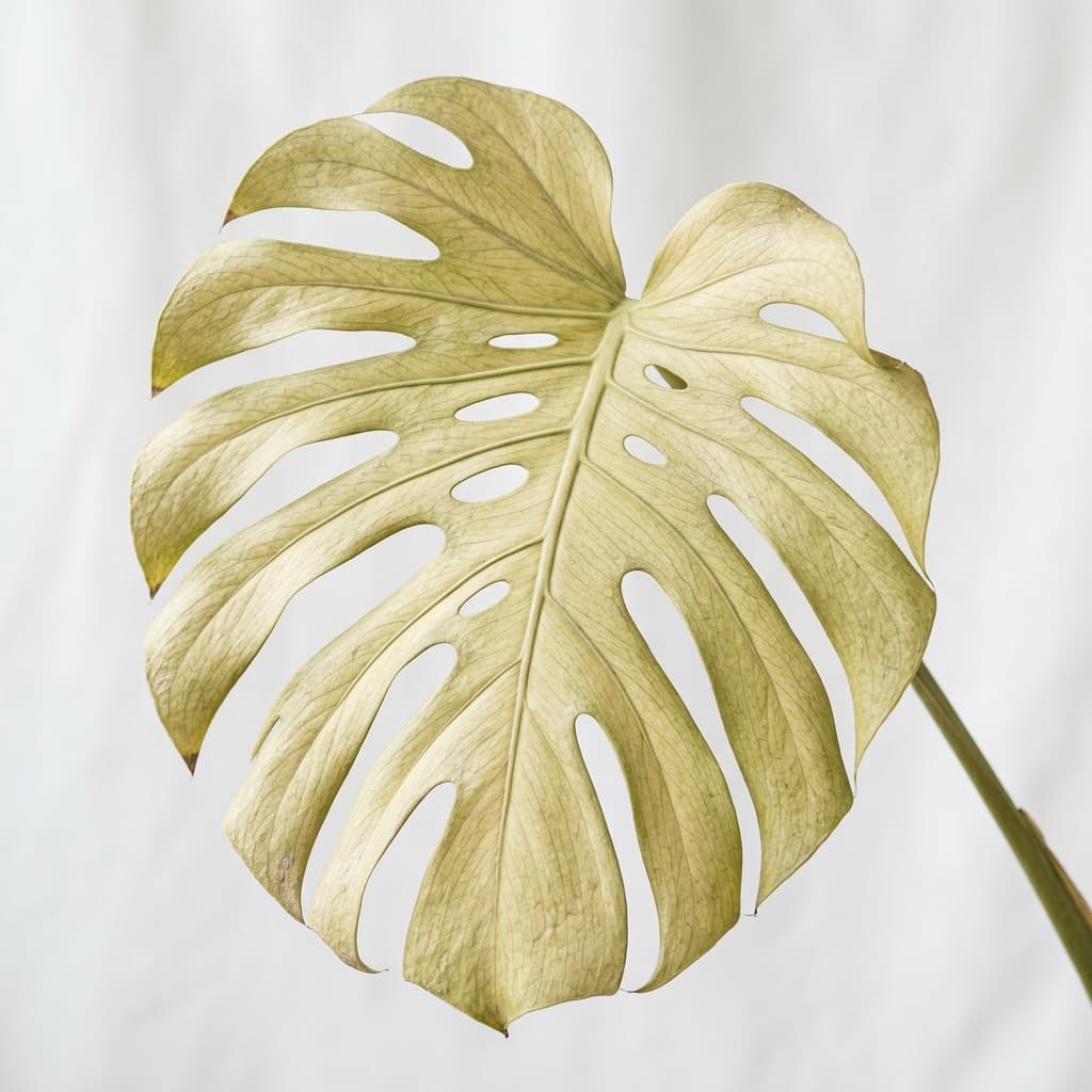 Monstera leaf with pale washed-out yellowing from insufficient light