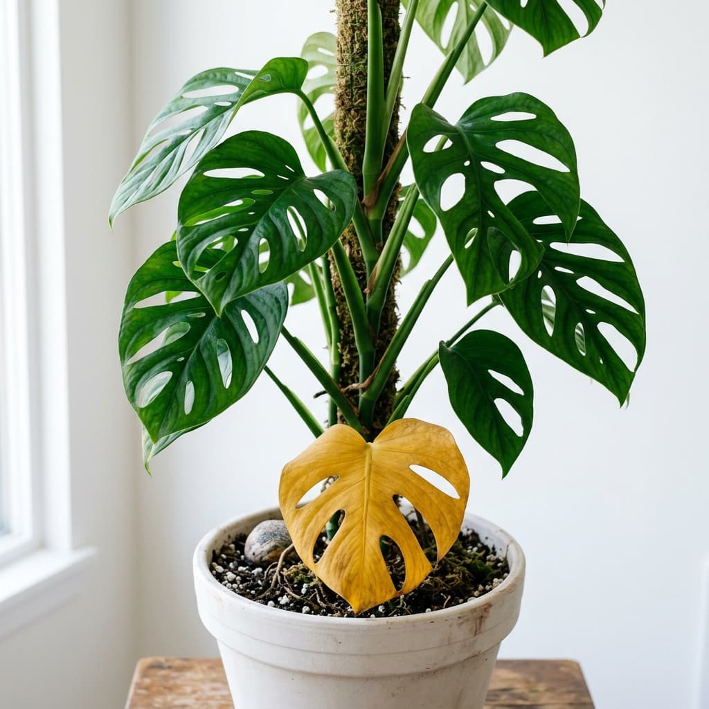 Monstera plant with one naturally yellowing lower leaf while other leaves remain healthy and green