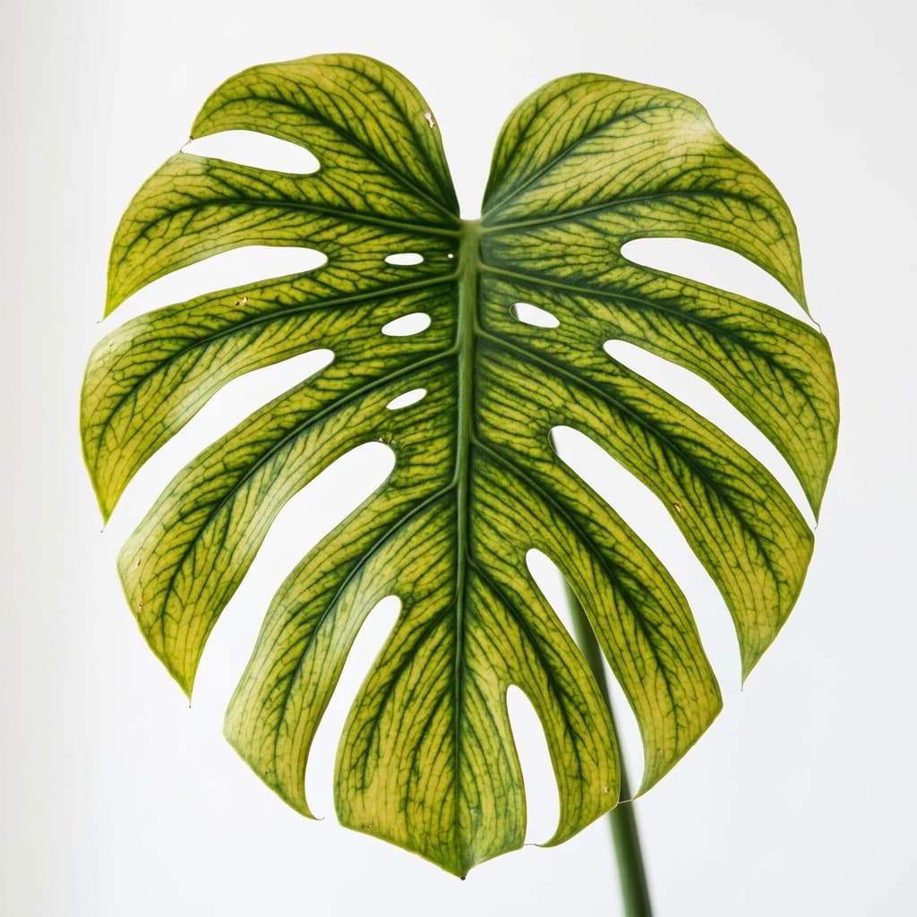 Monstera leaf with interveinal chlorosis from nutrient deficiency