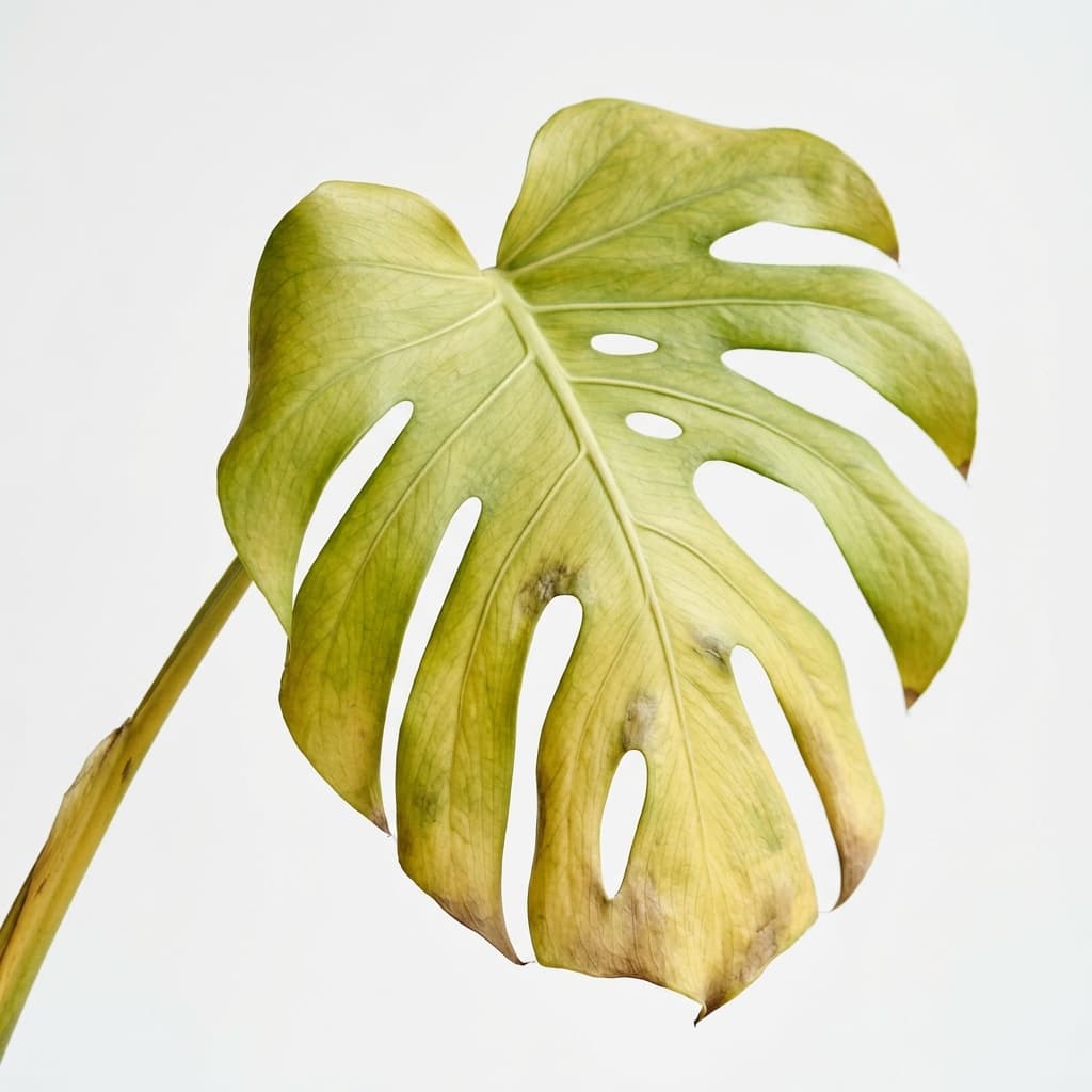 Monstera leaf with uniform yellowing caused by overwatering